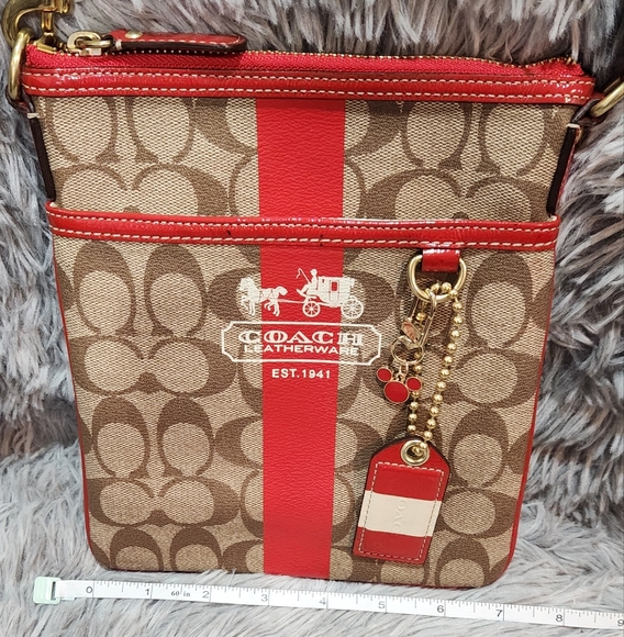 Coach Red and Tan Signature 2007 Crossbody Bag with Hang Tag & Mickey Charm - Picture 11 of 12